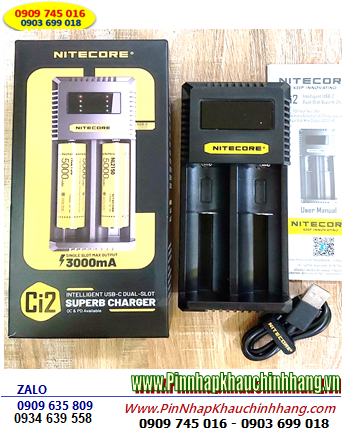 Nitecore Ci2 _Máy sạc 02 Pin cổng USB (Sạc pin Li-ion 3.7v-4.2v, NiMh 1.2v AA, AAA, 18650,14500, 16340, 21700, 26650,v,v...)